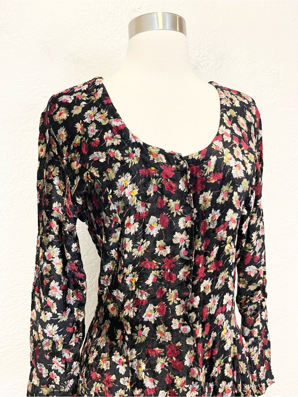 Vintage 90s Y2K Maxi Dress Velvet Velour Black Floral Whimsigoth Fairy Small S